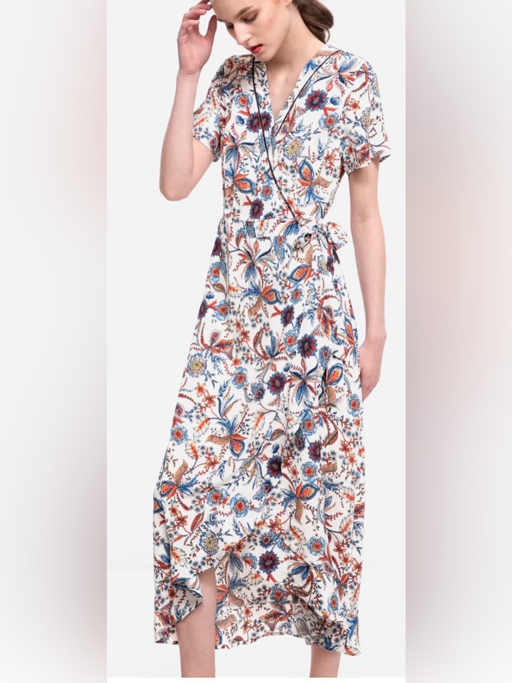 Molly Bracken White Floral Wrap Dress with Blue & Orange Botanical Print